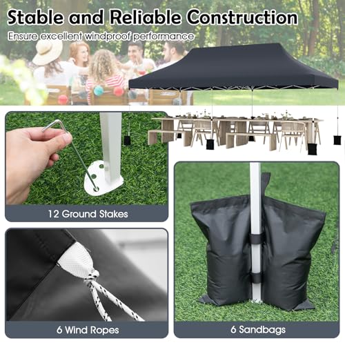 Tangkula 10x20 Ft Pop Up Canopy, Instant Setup Outdoor Tent with 6 Sand Bags, 12 Stakes & 6 Ropes, UPF 50+ Portable Canopy Tent with Carrying Bag for Camp, Beach, Patio (Black) - color: Black, size: 10x20 Ft