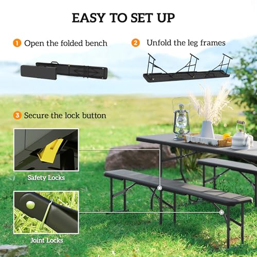 Outsunny 2-Pack 6 Ft. Plastic Folding Benches, Portable Foldable Bench Seats with Carrying Handle, Non-Slip Mat, HDPE Tabletop, Picnic Benches for Camping Dining Picnic BBQ Sports, Black - color: Black