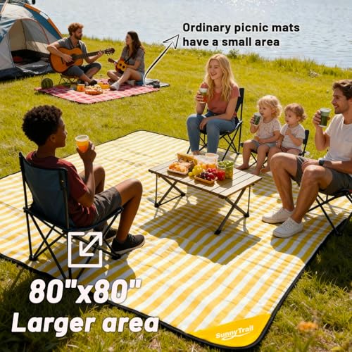 Extra Large Picnic Blanket 80"x80" – Waterproof Outdoor Mat for Beach, Park, Grass, Lawn, Camping, Sandproof & Foldable, Perfect Wedding Registry Gift, Portable Rug for Family Picnics - color: Sunny Yellow
