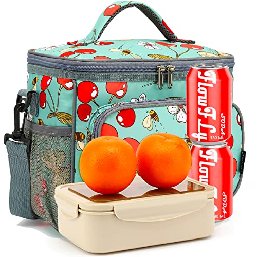 FlowFly Insulated Reusable Lunch Bag Adult Large Lunch Box for Women and Men with Adjustable Shoulder Strap,Front Zipper Pocket and Dual Large Mesh Side Pockets,Cherry - color: Cherry