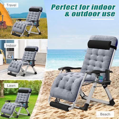 DoCred Oversized Zero Gravity Chair, 29In XL Lawn Folding Lounge Chairs, Lawn Recliner, Reclining Patio Lounger Chair, Folding Portable Chaise with Detachable Soft Cushion, Cup Holder, Headrest - color: Oversized Gray, style: Zero Gravity Chair