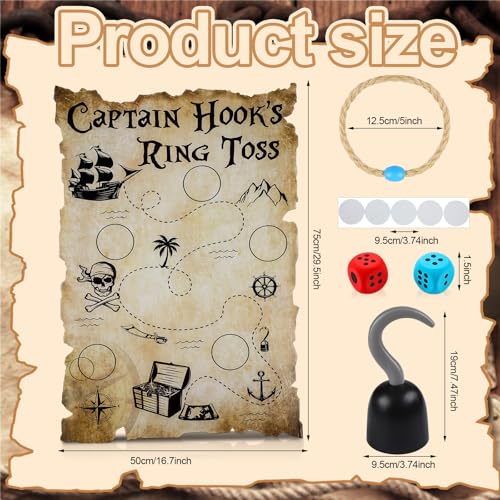 Leitee 19 Pcs Hook Ring Toss Game Pirate Party Toss Game with Dice Rope Rings Foam Tapes for Outdoor Yard Sport Party Accessories