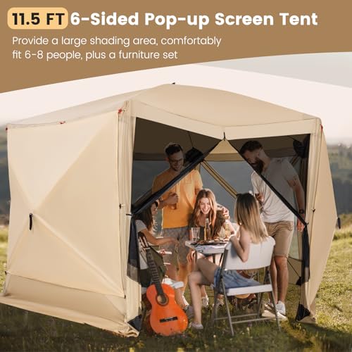 Tangkula 11.5x11.5 Ft Pop Up Gazebo with Netting, Portable Screen Tent with 6 Sided Mesh Walls, 2 Sunshade Cloths, Outdoor Instant Canopy Shelter with Carry Bag for Camping, Lawn, Backyard - color: Coffee, size: 11.5x11.5 Ft