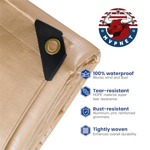 Tarp 20x40 Heavy Duty Waterproof Beige Tarp 12.5mil,Durable,Multipurpose, Weather Resistant,Uv Resistant,Tear Resistant,Can Be Used for Outdoor Furniture,Cars,Ships,Roofs-by MVPNET - size: 20x40