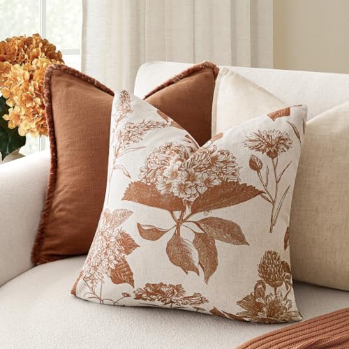 Foindtower Set of 2 Linen Floral Throw Pillow Covers Vintage Accent Print Decorative Cozy Cushion Covers Farmhouse Boho Home Decor for Sofa Chair Couch Bedroom Living Room,20×20 Inch,Autumn Orange - color: Autumn Maple, size: 20" x 20" (Pack of 2)