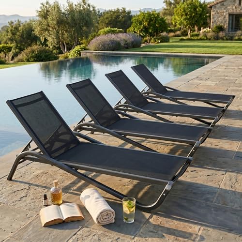Patio Chaise Lounge Chairs Set of 4, All-Weather Aluminum Pool Loungers for Outside, 5-Position Adjustable Sunbathing Chairs for Tanning, Stackable for Backyard, Poolside, Black - color: Black, size: Set of 4