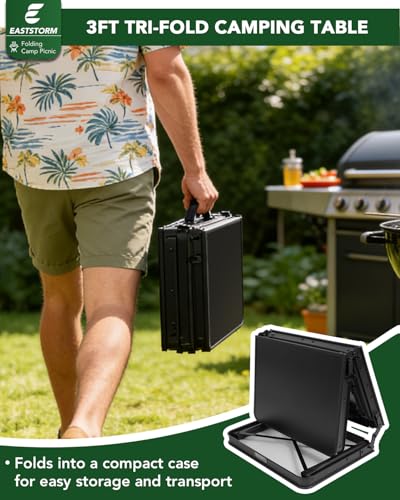 E EASTSTORM 3ft Folding Camping Table, Folding Table with 3 Adjustable Height, Portable Table with Handle, for Outdoor, Backyard, BBQ, Picnic, Cooking, RV, fits 2–4 People, Black - color: Black-3ft