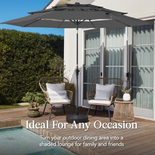 Best Choice Products 10ft 3-Tier Market Patio Umbrella, Outdoor Sun Shade with Tilt, Crank Lift, 8 Ribs for Backyard, Deck, Poolside - color: Gray