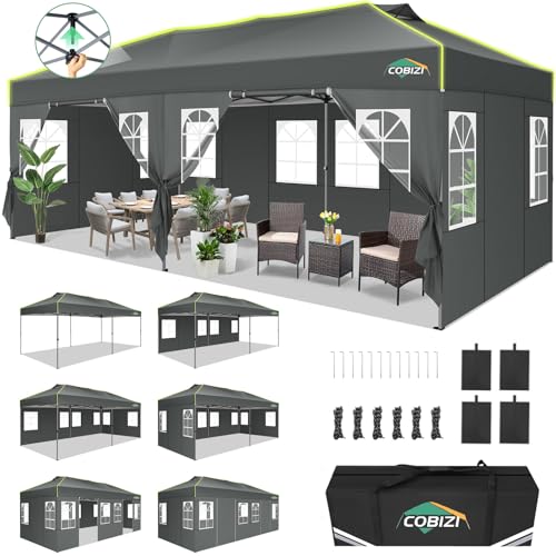 COBIZI 10x20 Pop Up Canopy Tent with 6 Removable Sidewalls, One Push Party Tent Outdoor Waterproof Event Canopy with Air Vent for Parties Commercial Wedding, 3 Height, Carry Bag, Sandbag, Gray - color: Gray, size: 10x20【with 6 Sidewalls】