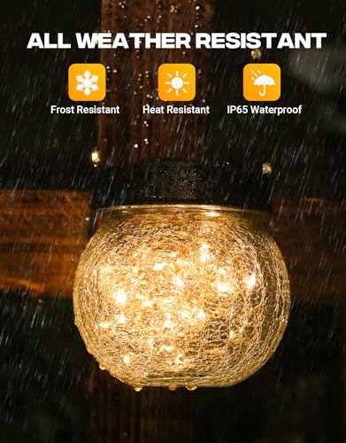 PARTPHONER Solar Lanterns Solar Lights Outdoor Waterproof 6-Pack, Solar Powered Hanging Lights Cracked Glass Hanging Globes for Christmas Decoration, Shepherd Hook, Garden Tree Ornaments - color: Black Cap Warm White Light, size: 6 Pack