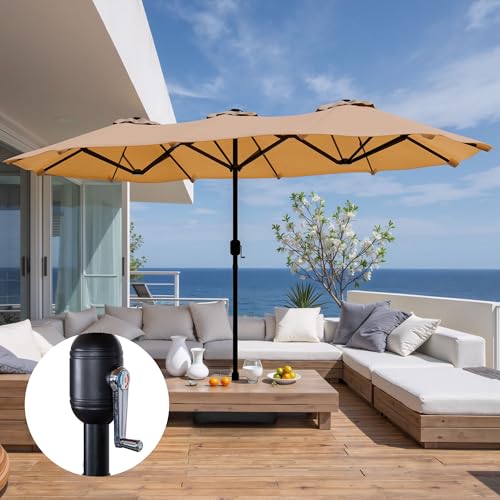 Shintenchi 16FT Large Patio Umbrella with Base Included, Outdoor Double-Sided Rectangular Shade with Crank Handle for Poolside Lawn, Deck & Garden, Khaki - color: Khaki, size: 16FT