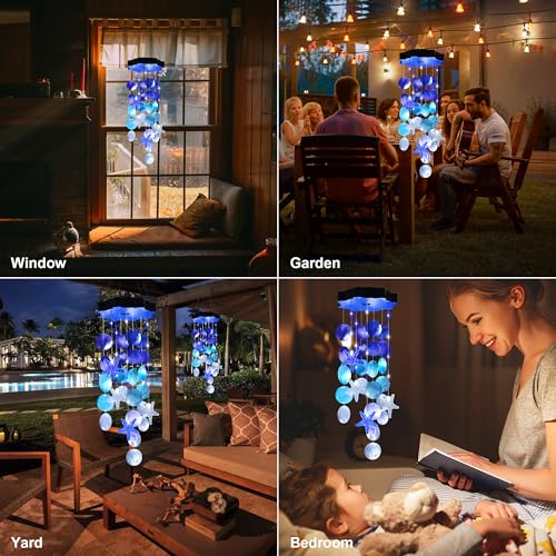 Solar Shell Gift for Mom Grandma Girls, White & Blue Christmas Solar Wind Chimes for Outside, Outdoor Decorative Mobile Lights for Garden, Yard, Patio, Window, Party, Outdoor Decorations - color: White & Blue