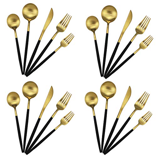 20-Piece 18/10 Stainless Steel Flatware Silverware, Luxury Dinnerware Set Travel Cutlery Tableware Include Knife Fork Spoon Service for 4, Dishwasher Safe (Black Handle Matte Gold) - color: Black Handle Gold, size: Service for 4
