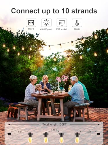Svater Outdoor String Lights 150 FT, Patio Lights for Outside with Shatterproof Bulbs, IP65 Waterproof Commercial Grade LED Hanging Light for Backyard Bistro Market Cafe, Black - size: 150ft