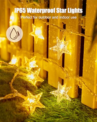Minetom Star String Lights Plug in - 66 ft 200 LED Star Fairy String Lights with Remote and Timer, 8 Modes Waterproof for Bedroom Tent Loft Bed Window Backyard Patio Porch Balcony Party, Warm White - color: Warm White - 66ft