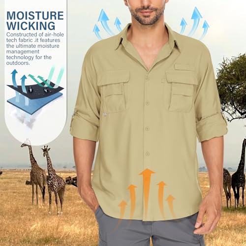 Mens Safari Shirts Long Sleeve UV Protection Hiking Fishing UPF 50+ Quick Dry Camping Travel Shirts - color: Mud, size: XX-Large