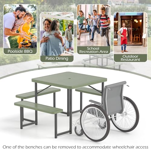 Byroce Outdoor Picnic Table for 4-8 Person, HDPE Picnic Camping Table Set with 4 Benches, Umbrella Hole & Metal Frame, Heavy Duty Square Dining Table Chairs for BBQ in Patio, Yard & Poolside (Green) - color: Green