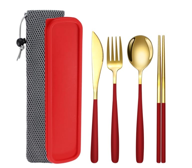 Portable Camping Utensil Set - 18/8 Stainless Steel Travel Silverware with Compact Case - Reusable Knife Fork Spoon Chopsticks Kit for Hiking, Picnic, Backpacking & Outdoor Eating (Gold Red) - color: Gold Red