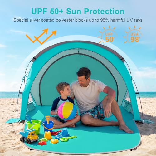 Gorich Beach Tent Sun Shelter with UPF50+ UV Protection for 1-2/3/4-5/6-7 Person, Lightweight & Portable Beach Shade Canopy with 2 Zippered Doors, Easy Setup Family Beach Umbrella - color: Turquoise, size: 2 Person