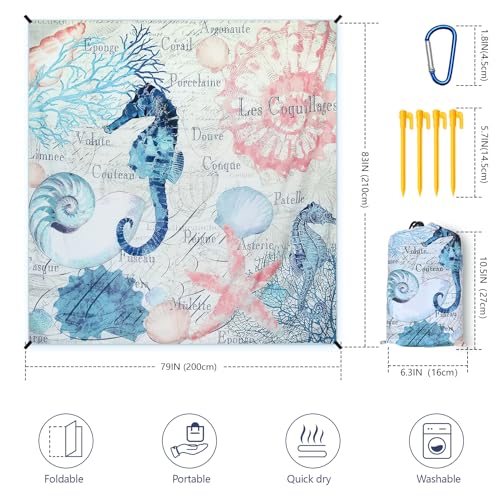 AISPARKY Beach Blanket Waterproof Sandproof Extra Large, Oversized Beach Mat, Quick Drying&Compact&Lightweight, Picnic Blankets Vacation Essentials for Outdoor Beach Camping (79" X 83" (4 Person)) - color: Blue - Vintage Seahorse, size: 6'11" x 6'7"