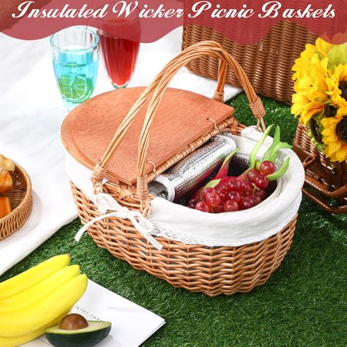 DoubleFill Wicker Insulated Picnic Basket with Lid Wicker Picnic Basket with Folding Handles and Insulated Cooler Bag for Camping Outdoor Easter Valentine Birthday Gift(White) - color: White