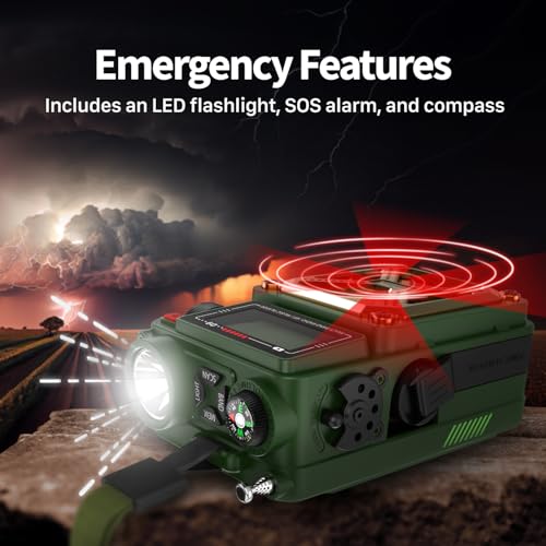 FosPower Emergency Weather Radio (Model D9) 14800mWh Power Bank, NOAA/AM/FM/Shortwave, Bluetooth 5.4, USB/Solar/Hand Crank Charging, Flash Light, SOS Alarm, IPX3 Rating for Indoor/Outdoor Emergencies - color: 10 - Model D9 - Dark Green