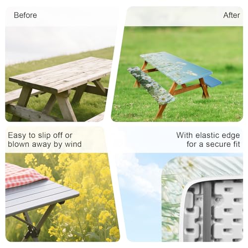 ANNA QUEEN Blue Daisy 6FT Picnic Table Cover Set, 3PCS 72"x30" Floral Tablecloth and Bench Covers, Waterproof Camping Spring Wedding & Garden Party Decor - color: #8