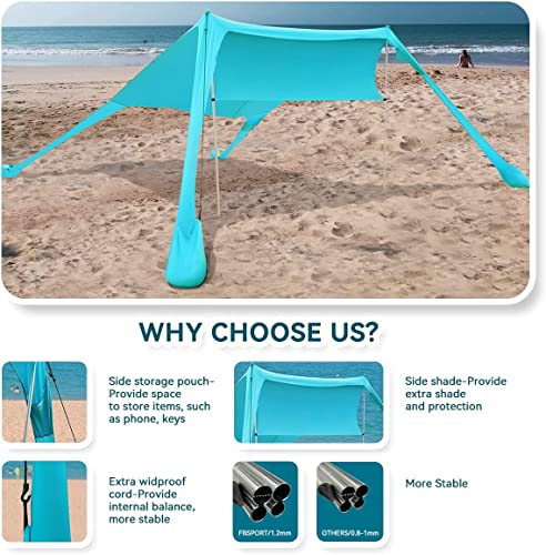 FBSPORT Beach Tent Sun Shelter, Portable Beach Shade Canopy UPF50+ with Sandbags for Outdoor Family Camping, Fishing, Backyard Fun, Picnic, 7 x 7ft - color: teal