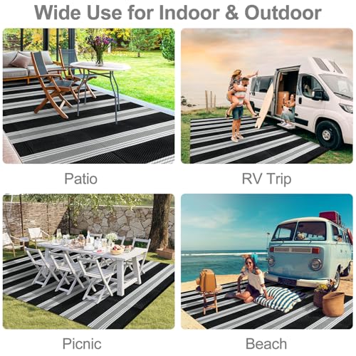 Lahome Striped Outdoor Rug 8x10 Patio Waterproof, Reversible Outdoor Plastic Straw Rug for Camping, RV Patio Rugs Outside Large Carpet for Porch Deck Backyard Picnic(Black/Grey,8'x 10') - color: Black/Multi, size: 8'x10'