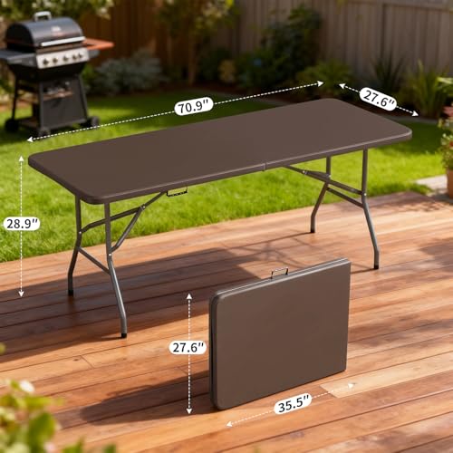 BestOffice 6 FT Picnic Table, Portable Plastic Folding Table with Carrying Handle Perfect for Picnics, Parties, Party and Camping, Brown - color: Brown, size: 6 FT 70"x28"