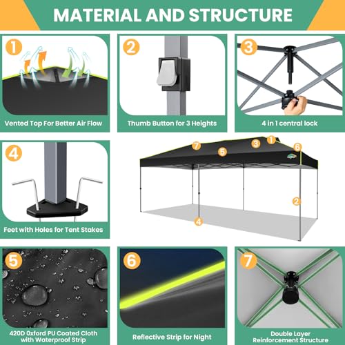 COBIZI 10x20 Pop Up Canopy Tent, Outdoor Party Tent with 6 Sidewall One Push Setup Glow, 3 Adjustable Height Air Vent Waterproof UPF50+, Bag, 4 Sandbag, 6 Stake, 12 Rope for Beach, Commercial - color: Black, size: 10x20