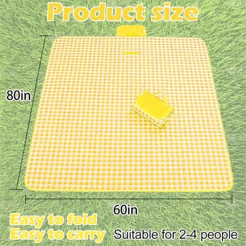 Extra Large Picnic Outdoor Blanket, 80''x60'' Waterproof Sand Beach Mat, Foldable Blankets Gingham Picnic Mat for Beach Camping Grass Lawn Park Hiking Travel Accessories Family Concerts(Yellow White) - color: Yellow, size: 80''x60''