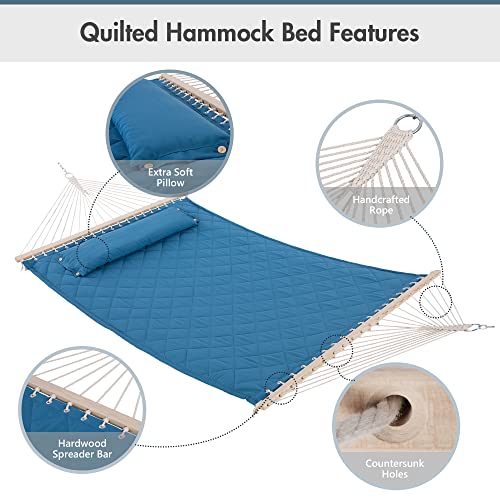 ANOW 13.5FT Curved Wood Stand with Double Hammock, Heavy Duty Larch Wood Arc Stand with 2 Chains, 4 Balance Ropes and 4 Carabiners, Includes Blue Hammock with Spreader Bars - color: Blue-quilted