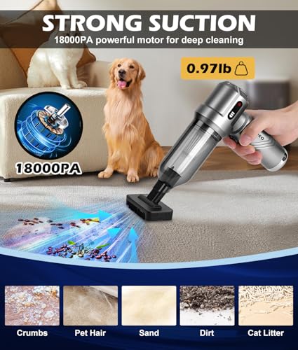 WADEO Car Vacuum Portable Cordless 18000PA, 4-in-1 Handheld Vacuum Cleaner and Air Duster with LED Display & Multi-Nozzles, Mini Hand Held Vacuum Rechargeable for Home, Car, Office, Pet Hair - color: Silver Gray With Led Display