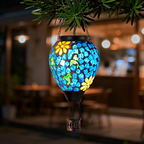 Hummingbird Solar Hot Air Balloon Lantern with Flame, Blue Hanging Mosaic Solar Lantern Outdoor Waterproof, Outdoor Solar Lights for Yard Gardening Gift for Mom Grandma Women - color: Mosaic Hummingbird