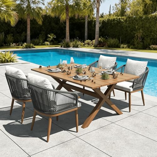 LayinSun 5 Pieces Outdoor Patio Dining Set, Aluminium Rectangular Dining Table and Wicker Rattan Chairs Set for Outside Backyard, Poolside - color: Teak, size: 5 PCS-63'' Rectangular Table