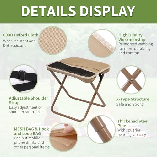 Foldable Camping Stool, Portable Collapsible Chair for Adults, Folding Telescopic Stool with Carry Bag, Outdoor Ultralight Small Travel Chairs for Hiking and Fishing, Hold Up to 265 Lbs,khaki - color: Khaki