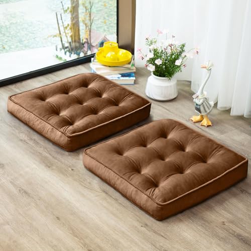 1 MIDDLE ONE Floor Pillow Set of 2, Memory Foam Meditation Cushion, Floor Cushions for Adults Sitting, Large Square Seat Cushions for Yoga, Couch, Sofa, Kids, Living Room, 22x22 Inch (Brown) - color: Brown, size: 22x22 Inch(Pack of 2)