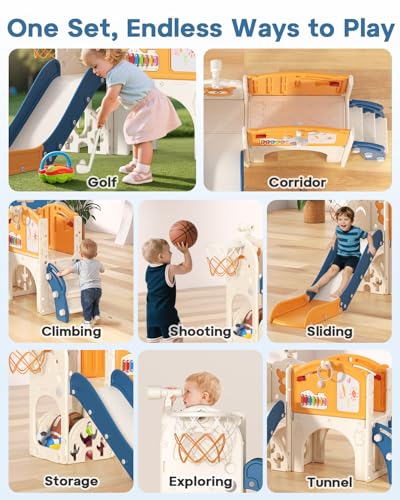 BIERUM Toddler Slide Set, 13 in 1 Kids Indoor Slide for Toddler 1-3, Indoor Outdoor Toddler Slide Playset with Basketball Hoop, Golf Game & Drawing Board, Baby Indoor Slide Playground, Blue&Yellow