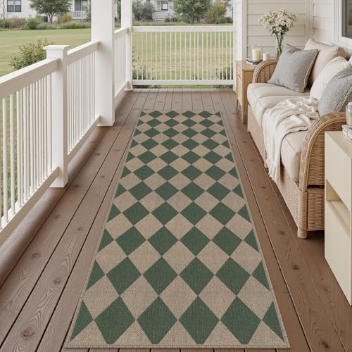 Rugalia Easy Jute Checkered Outdoor Runner Rug, 2.6x8 Green Modern Washable Rugs Runner for Hallway Non-Slip Kitchen Runner Rug, Geometric Diamond Outdoor Carpet for Porch Laundry Entryway - color: Green Checkered, size: 2.6' x 8' (Runner)