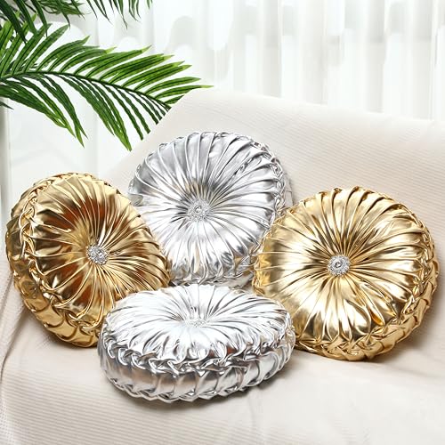 Kathfly Set of 4 Decorative Round Pleated Throw Pillows, Classy Velvet Pumpkin Round Throw Pillows, Decorative Floor Pillow for Bed Chair Home Sofa Decor, 14" Diameter(Gold and Silver) - color: Gold and Silver