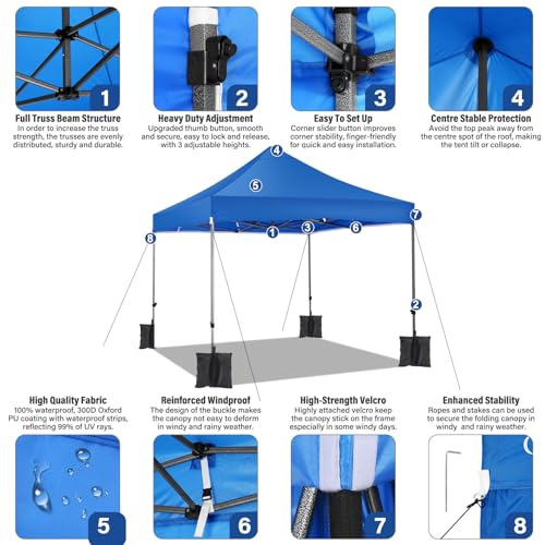 COBIZI 10x10 Heavy Duty Pop Up Canopy Tent with 4 Sidewalls Thicken Frame, Commercial Easy Up Outdoor Wedding Party Tents, All Season Waterproof Windproof with Stakes Sandbags Ropes Roller Bag, Uranus - color: Uranus, size: 10x10