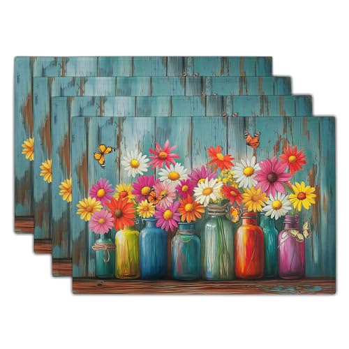 Colorful Daisy Flowers Placemat Set of 4, 12x18 Inch Floral Vase Botanical Rustic Linen Washable Table Mats for Farmhouse Dining Kitchen Picnics Outdoor Indoor Tablescapes Decor - color: Colorful Daisy Jar