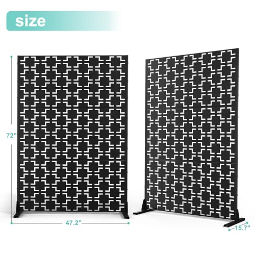 Modern Metal Privacy Screen, Patio Outdoor Privacy Panels with Stand, Freestanding Outdoor Divider for Yard, Deck＆Garden(71.3"*47.3"*15.7") - color: Black,Square