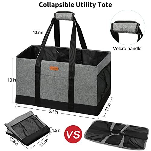 WONDAY Extra Large Foldable Grocery Tote Bag With Handles for Storage, Picnics, Beach, Pool, Laundry - Reusable Shopping Bag (Grey) | 22" XL Capacity, Foldable Design, 50 lbs Weight Cap, Waterproof, With Pockets, Wipe Clean - color: Grey