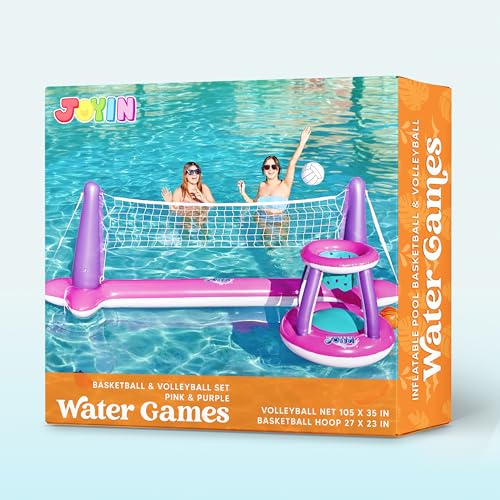 JOYIN Inflatable Pool Float Set Volleyball Net & Basketball Hoops, Floating Swimming Game Toy Floaties for Kids and Adults Volleyball Court (105”x28”x35”)|Basketball (27”x23”x27”),L-Pink Purple - color: Pink Purple, size: Large