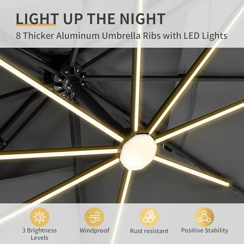 10 X 13 FT Cantilever Patio Umbrella with Led Lights Outdoor Rectangle Offset Large Double Top Heavy Duty Umbrellas with 360°Rotation for Pool Deck Backyard Garden, Gray - color: Gray, size: 10×13 Ft Without Base