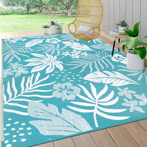 Pauwer Waterproof Outdoor Rug 8x10, Reversible Plastic Straw Patio Camping Rug, Indoor Outdoor RV Mat Carpet for Deck, Camper, Porch, Balcony, Backyard, Picnic, Floral Teal - color: Floral Teal, size: 8' x 10' (Rectangular)