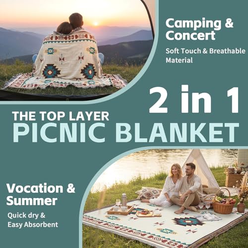 2 in 1 Extra Large Outdoor Picnic Mat Woven Summer Throw Blanket Boho Giant Beach Travel Essential Yoga Accessories Park Patio Lawn Garden Grass Ground Play Music Festival Concert Must Have - color: Boho Beige