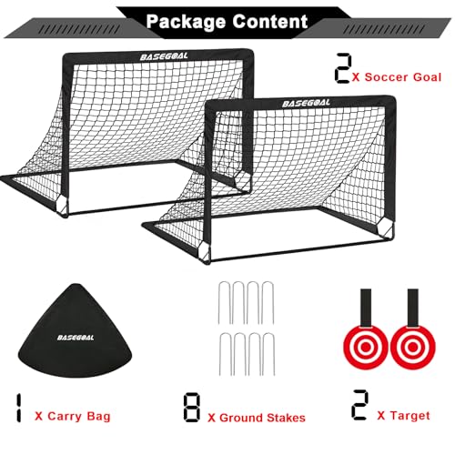 BaseGoal Soccer Goals for Backyard Set of 2, 4x3ft Kids Soccer Goal Portable Pop Up Soccer Net for Kids & Youth, Outdoor Soccer Training Equipment with Soccer Cones, Targets & Accessories